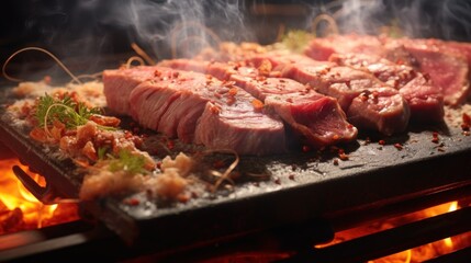 Sticker -  a close up of meat on a grill with a lot of smoke coming out of the top of the grill.