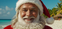 Santa Claus with red Santa Claus costume and bobble hat, long white beard, spending Christmas on the tropical sandy beach, vacation and leisure time in summer, fictional location