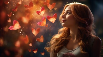 Poster -  a woman with long red hair standing in front of a group of butterflies flying in the air above her head.