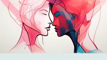 Wall Mural -  a painting of two women's faces with red and blue smoke coming out of the faces of each other.