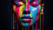 Female Face With Colourful Paint Falling Down Face