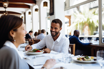 Sticker - A diverse group of adults enjoying a delightful meal at a restaurant, sharing smiles and togetherness in a happy, celebratory atmosphere.