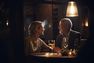 Sticker - In a cozy restaurant, a senior couple celebrates their love and togetherness, enjoying a romantic meal with glasses of wine