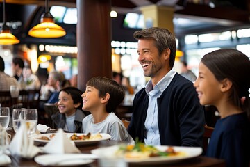 Sticker - A happy family, including parents and children, smiles and enjoys a meal in a food court, creating joyful memories on a sunny day.