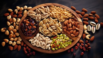 Poster -  a wooden plate filled with different types of nuts and nutshells on a black table with a black background.