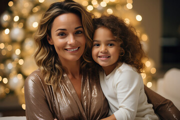 Young mother and daughter waiting for Christmas and New Year