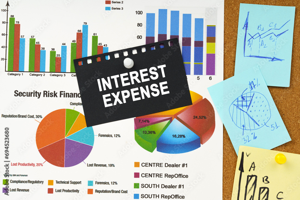 There are business charts, sticky notes and black paper with the ...