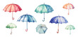 Isolated watercolor umbrellas canes. Rainy day colorful accessories, umbrella decorative icons. Fashion weather elements, vector collection
