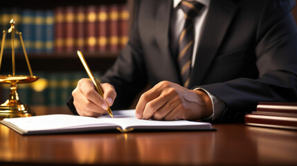 Canvas Print - The attorney signs the document in his office