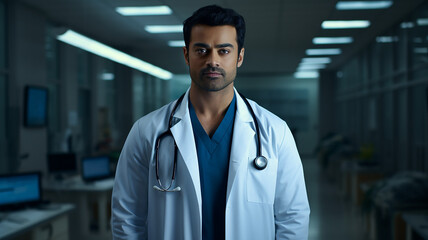 Wall Mural - Portrait of confident male doctor with stethoscope looking at camera in hospital corridor