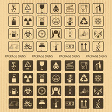Vector Packaging Symbols Set On Cardboard Background: Don't Roll, Litter,  Biohazard, Toxic, No Hand- Or Forklift Truck, Handling With Care, Protect From Radiation And Other Signs And Icons. Use On Pa