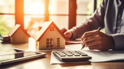 Wall Mural - Man is signing a document next to a small model house and a calculator