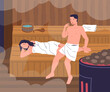 Couple in sauna. Man and woman in towel relaxation at spa steambath room, wellness sweting steam bathing therapy healthy body care, wooden banya inside classy vector illustration