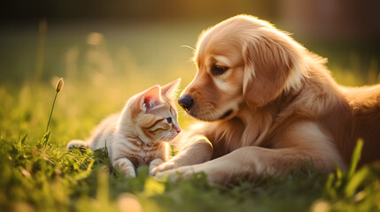 Wall Mural - Golden Retriever and Kitten Enjoying Sunset Together in the Grass