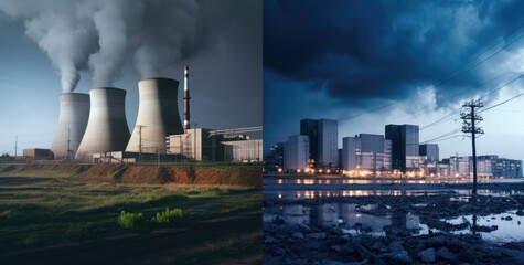 Nuclear power plant with smoking chimneys at night. Collage. AI generated