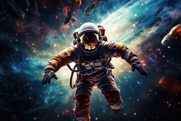 Wall Mural - vibrant astronaut in space, surrounded by cosmic wonders, offering ample copy space for text