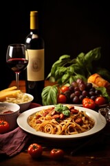 Wall Mural - Delectable dinner spread with pasta, wine, and savory delights