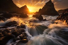 A Spectacular Sunrise With Dynamic, Rough Waves Crashing Against Picturesque Cliffs