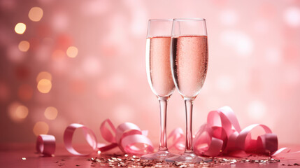 Wall Mural - Champagne glasses with sparkling liquid, accompanied by red heart-shaped decorations on a reflective pink surface