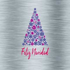Wall Mural - Silver squared wish card new year 2024 written in spanish in pink with a purple and pink christmas tree with balls and snowflakes	