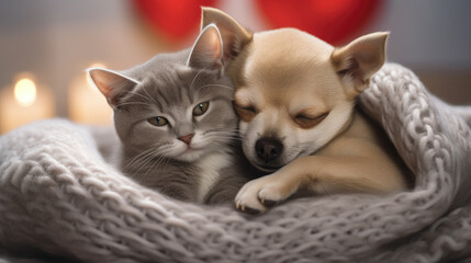 Wall Mural - Small Chihuahua dog and a tabby kitten snuggled together under a knit blanket