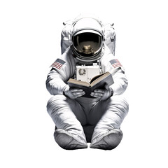 Wall Mural - astronaut reading a book isolated on a transparent white background, concept of development, travel 