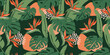 Seamless pattern with abstract tropical floral print of palm leaves, monstera, strelitzia flowers. Vector graphics.