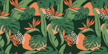 Seamless Pattern With Abstract Tropical Floral Print Of Palm Leaves, Monstera, Strelitzia Flowers. Vector Graphics.