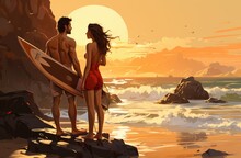 As The Sun Sets Over The Ocean, A Man And Woman Stand Together On A Rocky Beach, Their Clothing Blowing In The Warm Breeze As They Gaze Out At The Endless Sky And Water Before Them