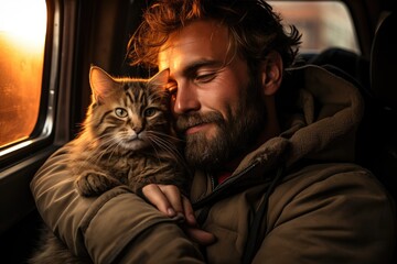 A bearded man cradles a slumbering feline, their peaceful faces mirroring each other in the cozy confines of a home