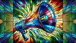 Megaphone on stained glass window background. Ready to make a marketing or advertising announcement