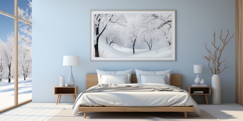 Wall Mural - Banner with minimalist white spacious bedroom. Contemporary interior idea