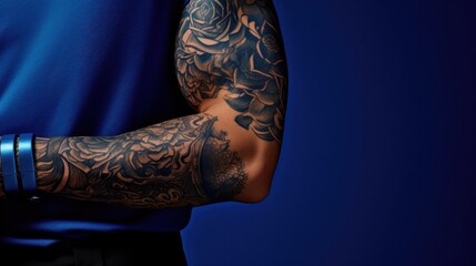 Poster - A man with a blue shirt and tattoos on his arms, AI