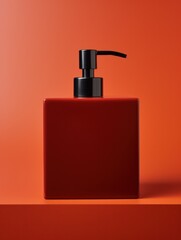 Poster - A red square bottle with a black handle on an orange background, AI