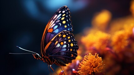 Poster - A butterfly sitting on a flower with orange and blue colors, AI