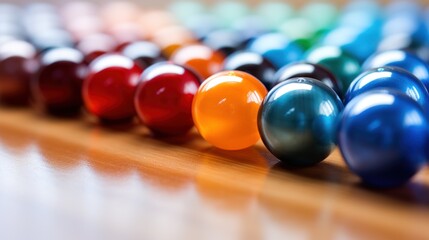 Canvas Print - A row of colorful marbles on a wooden table, AI