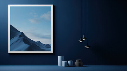 Sticker - A blue wall with a picture hanging on it and some candles, AI