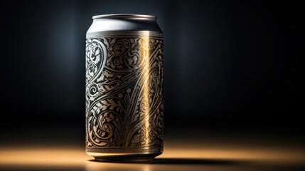 Sticker - A can of a metal container with ornate designs on it, AI