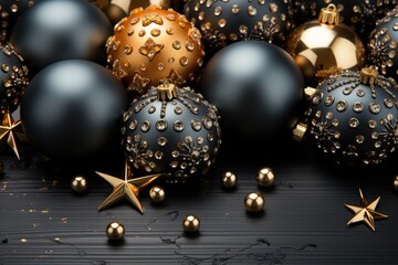 Wall Mural - Fancy golden and black christmas background with ornaments. Greeting card mockup