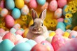 Vibrant Easter background, eggs, and an adorable bunny, creating joyful and festive vibes