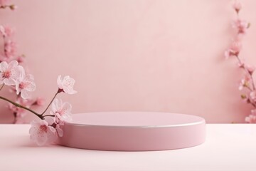 Wall Mural - Product podium with spring flowers in pink pastel colors for product presentation. Mockup for branding, packaging