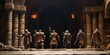  Back View of a Group of Armed Miniature Plastic Figures, Heroes Stand Before a Wooden Evil Dungeon Door, Dungeon & Dragons, Let the Dungeon Raid Begin