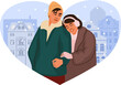 © Lana Marcy - Romantic couple in warm winter clothes hugging and having togetherness moment. Heart shaped european city background. Man and woman in love.