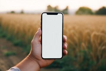 farmer hand hold blank mobile phone on agricultural field
