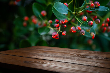 Wall Mural - Empty wooden table with free space over tropical trees, background. For product display mounting