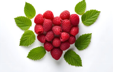 raspberry berry heart shape with leaves isolated on white background top view