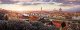 Fototapeta  - Florence (Firenze, Italy. Sunset panorama. Evening view at ancient city. Famous Ponte Vecchio bridge on river Arno scenic clouds and sky. Duomo Santa Maria del Fiore cathedral, Palazzo Tower