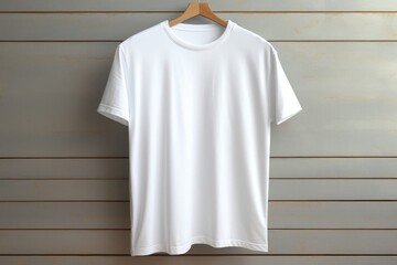 Blank white t-shirt hanging in the room with plant, Admire a detailed mockup of a white tee shirt hanging in a modern closet interior. An embodiment of contemporary style, blank white t-shirt mockup