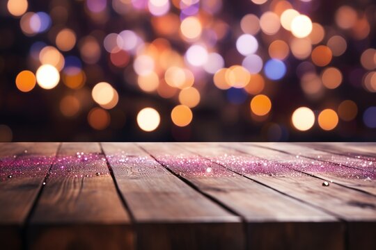 Selective focus of empty dark wooden countertop or table purple and golden light christmas bokeh background