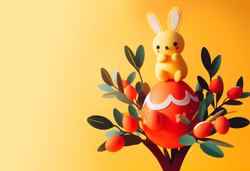 Easter egg and rabbit on a tree branch on a yellow background